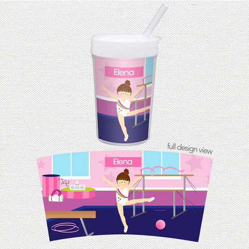 Spark & Spark Cute Gymnast Girl Toddler Cup, illustrated tumbler featuring a girl gymnast in a leotard performing a split on a balance beam with gymnastics equipment in a colorful room design.
