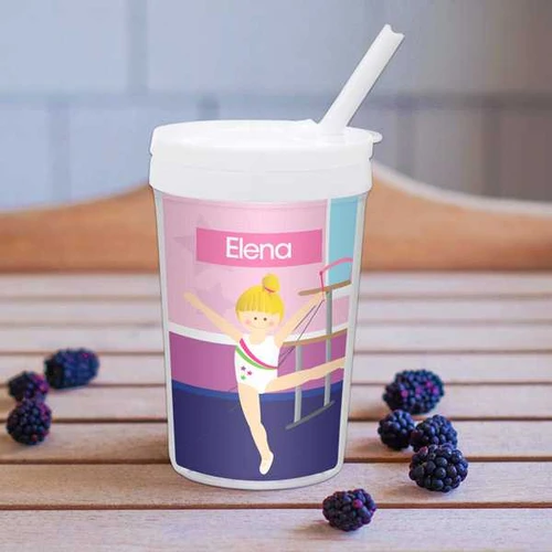 Spark & Spark Cute Gymnast Girl Toddler Cup, pink and blue plastic tumbler with a straw featuring a gymnastics girl illustration and the name Elena