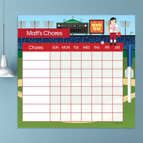 Spark & Spark Home Run Chore Chart, sport-themed chore chart with a baseball field background and space to track chores for each day of the week.