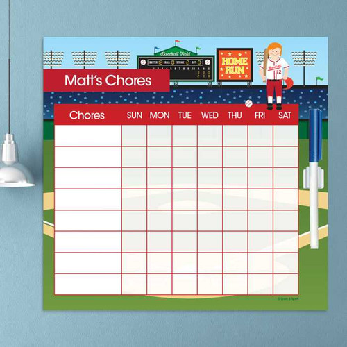 Spark & Spark Home Run Chore Chart, a colorful weekly chore chart for children with a baseball theme, featuring a writable grid for tracking chores from Sunday to Saturday, and playful baseball stadium graphics at the top.