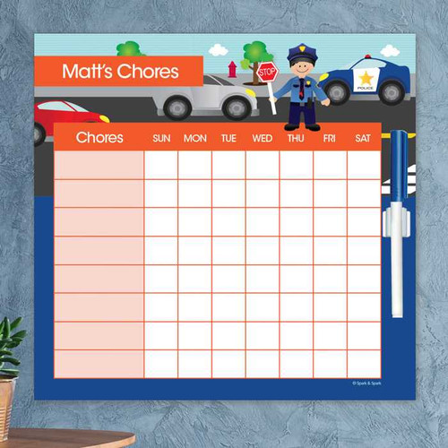 Spark & Spark Police On Duty Chore Chart, colorful chore chart featuring police theme with a police officer and police cars in the background.