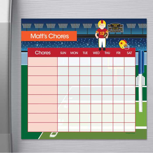 Spark & Spark Touchdown Chore Chart, a football-themed family chore organizer with days of the week and space for chores, decorated with football graphics and a football player illustration.