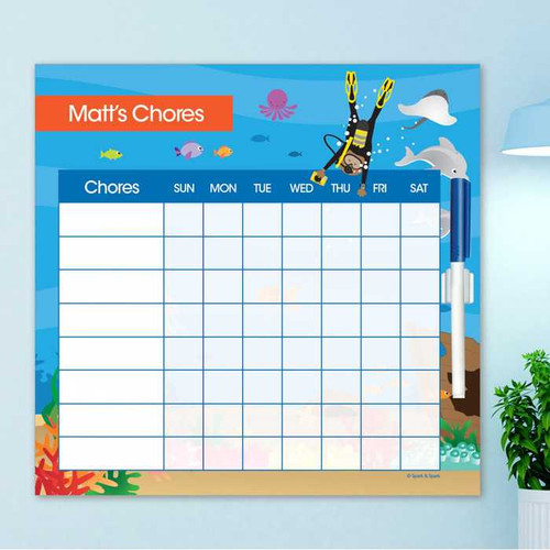 Spark & Spark Under The Sea Chore Chart, colorful underwater-themed chore chart with days of the week and spaces for chores, featuring sea creatures and a diver illustration.