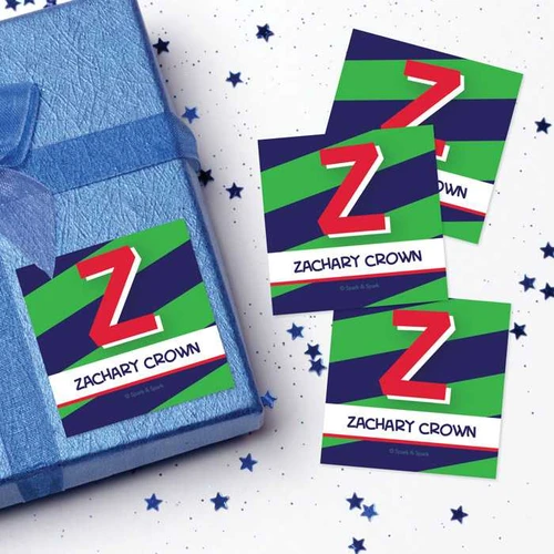 SparkGreetings® Brilliant Initial Green Gift Label Set, colorful gift tags with a large red 'Z' and green and navy blue striped background, personalized with the name Zachary Crown.