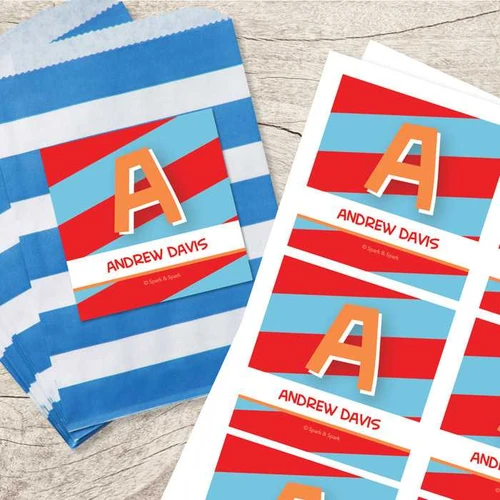 SparkGreetings® Brilliant Initial Red Gift Label Set, customizable gift labels featuring a red and light blue striped design with a large initial 'A' and spaces for personalized names.