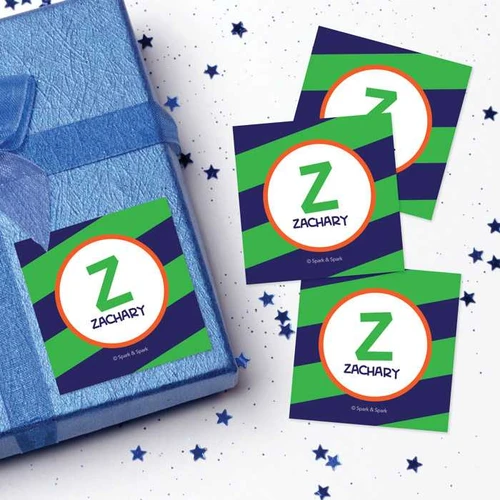 SparkGreetings® Fun Initials Green Gift Label Set, colorful gift labels with green and navy stripes featuring a large letter Z and space for personalized names.