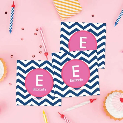 SparkGreetings® Chevron Blue & Pink Gift Label Set, personalized gift tags with a blue and pink chevron design and customizable name 'Elizabeth' on each label.