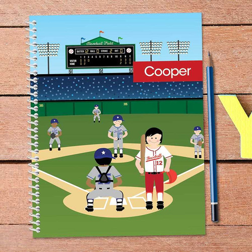 Spark & Spark Home Run Kids Notebook, illustrated baseball game scene with players on a baseball field and scoreboard