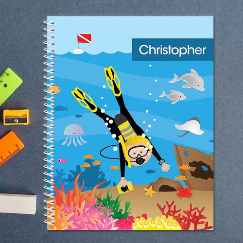 Spark & Spark Under the Sea Boy Kids Notebook, illustrated underwater scene with a boy diver, various fish, a jellyfish, a crab, sea plants, and a sea cave.