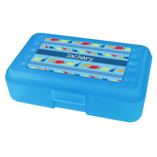 Spark & Spark Dinosaur Trails Personalized Pencil Box, blue plastic pencil case with dinosaur trail pattern and customized name Zachary.