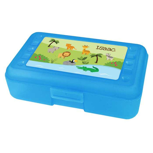 Spark & Spark Jungle Fever Personalized Pencil Box, blue plastic pencil case with jungle animal illustrations and the name Isaac on top.