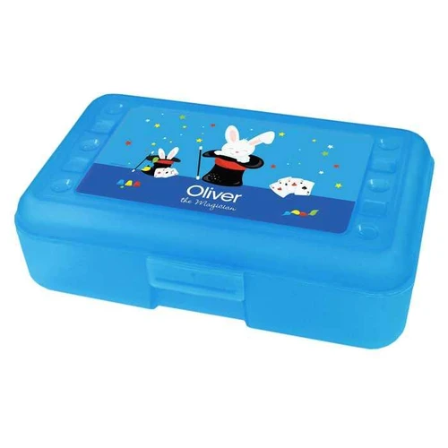 Spark & Spark Cute Magician Boy Personalized Pencil Box, blue plastic pencil case with magician bunny illustration and personalized name 'Oliver'.