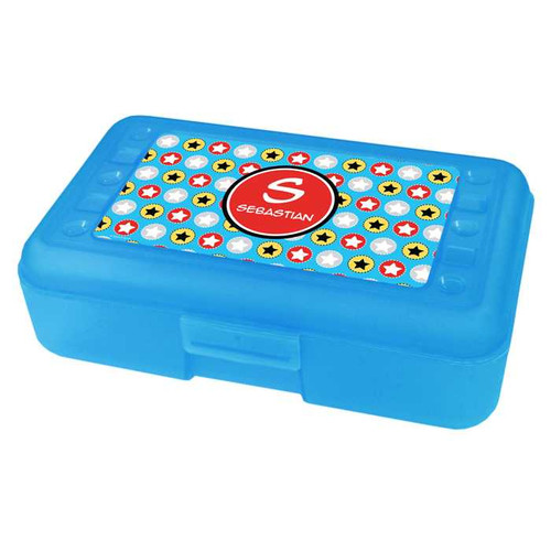 Spark & Spark Super Hero Stars Personalized Pencil Box, blue plastic pencil case with a colorful superhero star pattern and a customizable name label on top.