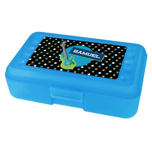 Spark & Spark Guitar Sounds Personalized Pencil Box, blue plastic pencil box with a musical guitar design and colorful stars on the top lid.