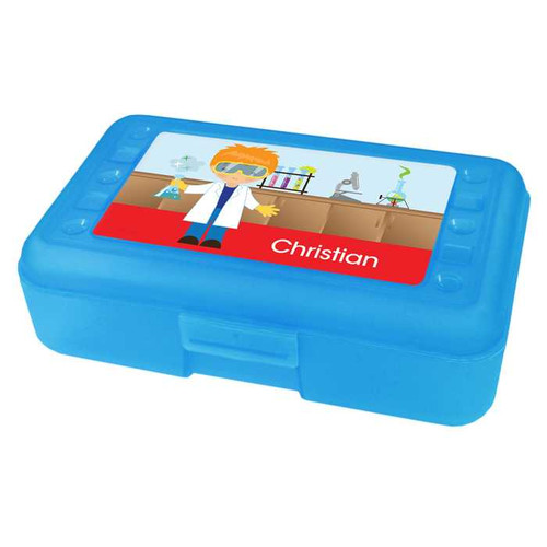 Spark & Spark Cool Scientist Boy Personalized Pencil Box, blue plastic pencil case with cartoon scientist boy and laboratory background image and name 'Christian'.