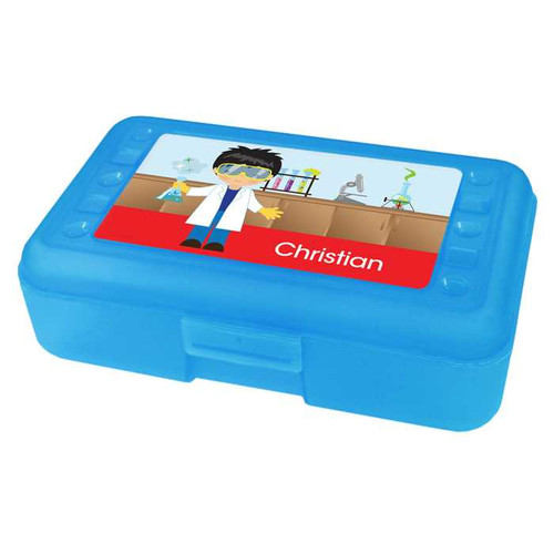 Spark & Spark Cool Scientist Boy Personalized Pencil Box, blue plastic pencil case with cartoon scientist boy wearing goggles and a lab coat, featuring a science lab background and the name Christian on the label.