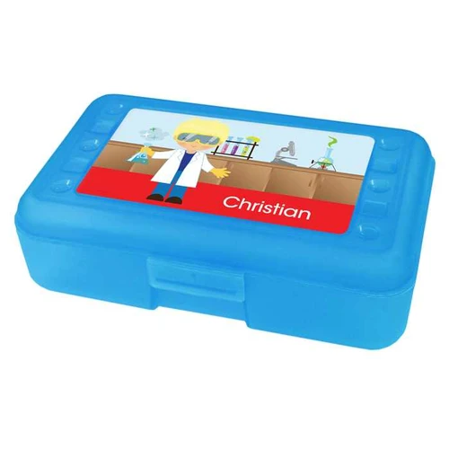 Spark & Spark Cool Scientist Boy Personalized Pencil Box, blue plastic pencil case with cartoon scientist character and laboratory background, personalized with the name Christian.