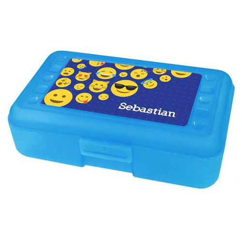 Spark & Spark Boy Emojis Personalized Pencil Box, blue plastic pencil case with emoji designs and the name Sebastian on top.