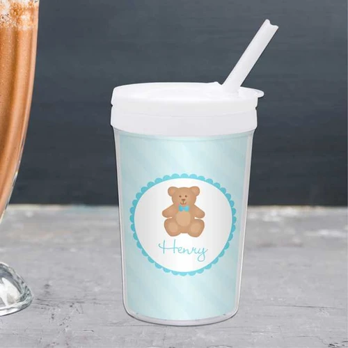 Spark & Spark Cute Blue Teddy Bear Toddler Cup, a light blue and white toddler cup with a teddy bear design and the name Henry on it.
