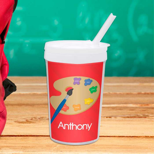 Spark & Spark Ready For Art Toddler Cup, red themed cup with a paint palette and brush design, personalized with the name Anthony.