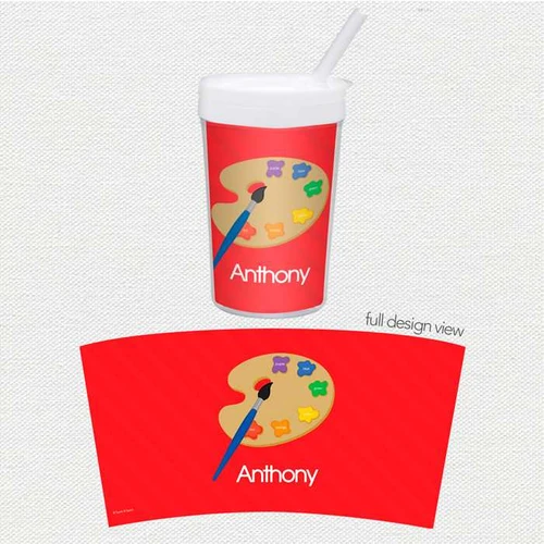 Spark & Spark Ready For Art Toddler Cup, a red cup featuring an artist palette design with colorful paint blobs and a paintbrush, personalized with the name Anthony.