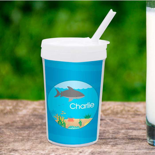 Spark & Spark Shark Waves Toddler Cup, blue cup with shark and ocean design, personalized with name Charlie.
