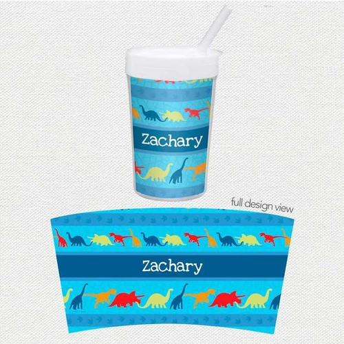 Spark & Spark Dinosaur Trails Toddler Cup, colorful themed kids' cup with dinosaur patterns and a personalized name 'Zachary'.
