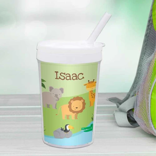 Spark & Spark Jungle Fever Toddler Cup, personalized green cup with jungle animal illustrations including a lion, giraffe, bear, alligator, and toucan, featuring the name Isaac.