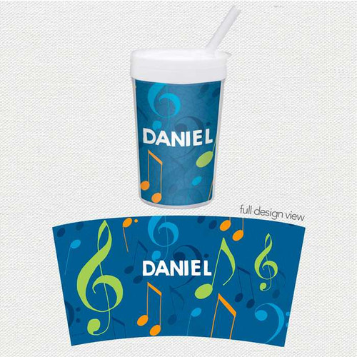 Spark & Spark Musical Notes Toddler Cup, blue cup with colorful musical notes and the name 'DANIEL' on it, featuring a straw for young children.