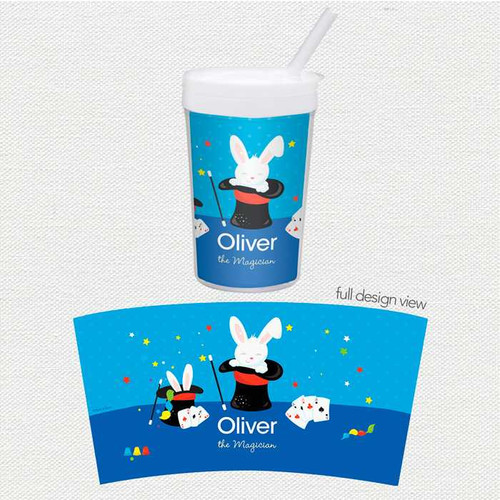 Spark & Spark Cute Magician Boy Toddler Cup, illustrated cup featuring a cute white rabbit magician with a magic hat and wand, surrounded by colorful stars and dice design.