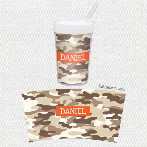 Spark & Spark Brown Camouflage Toddler Cup with personalized name 'DANIEL', featuring a brown camouflage pattern, spill-proof lid, and straw for young children.