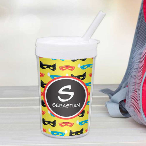 Spark & Spark Super Hero Masks Toddler Cup, colorful cup featuring superhero mask designs and a personalized name label.