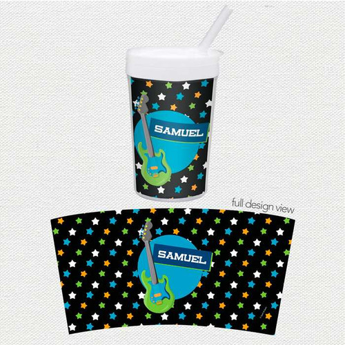 Spark & Spark Guitar Sounds Toddler Cup, colorful toddler cup with guitar design and matching wrapping paper featuring stars and the name Samuel.