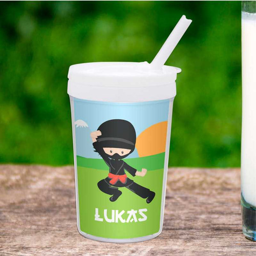 Spark & Spark Cool Super Ninja Toddler Cup, white and light blue cup with a ninja character design and the name 'Lukas' on it.