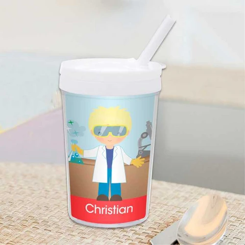 Spark & Spark Cool Scientist Boy Toddler Cup, personalized illustrated cup featuring a cartoon boy dressed as a scientist with safety goggles, lab coat, and scientific equipment, with the name Christian on the red label.