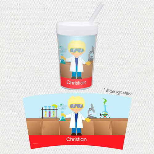 Spark & Spark Cool Scientist Boy Toddler Cup, colorful kids' cup featuring a cartoon scientist boy with lab equipment and test tubes design, personalized with the name Christian.