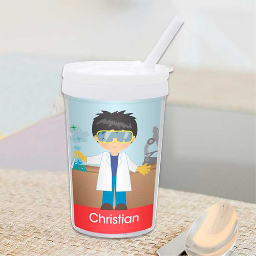 Spark & Spark Cool Scientist Boy Toddler Cup, cartoon boy dressed as a scientist with lab goggles and equipment on the cup.