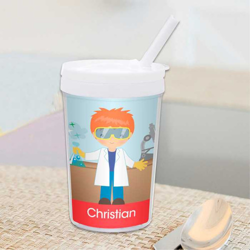 Spark & Spark Cool Scientist Boy Toddler Cup, toddler cup with cartoon scientist boy wearing sunglasses and lab coat, with laboratory equipment and equipment background, personalized with name Christian.