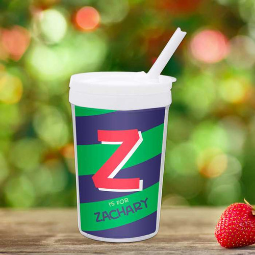 Spark & Spark Brilliant Initial Green Toddler Cup, customizable cup with a large red Z and green and blue background, personalized with the name Zachary, suitable for young children.