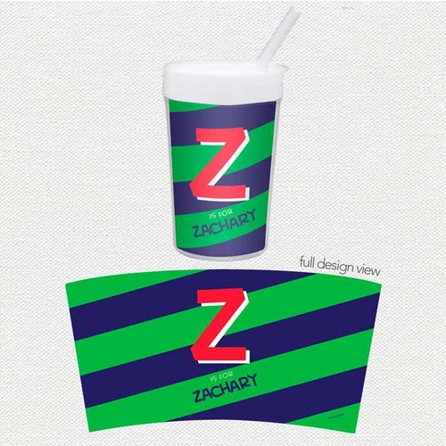 Spark & Spark Brilliant Initial Green Toddler Cup, colorful cup with a straw and zigzag pattern in green, navy blue, and red, featuring a large red Z and the name Zachary.