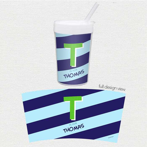 Spark & Spark Brilliant Initial Blue Toddler Cup, colorful small child's cup with straw and a customized print with the letter T and the name Thomas.