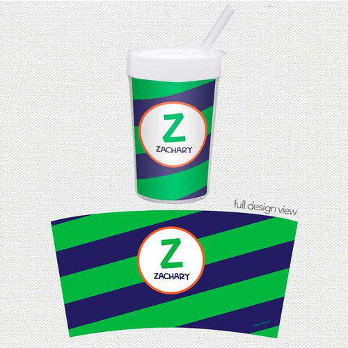 Spark & Spark Fun Initials Green Toddler Cup, personalized with the letter Z and the name Zachary, featuring a green, navy blue, and white design with a straw.