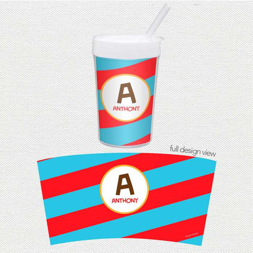 Spark & Spark Fun Initials Red Toddler Cup, colorful cup with a red, blue, and white design featuring an initial and name personalized on the cup.