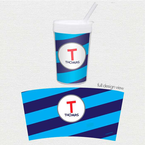 Spark & Spark Fun Initials Blue Toddler Cup, blue and white cup with a straw and customized initial 'T' with the name Thomas.