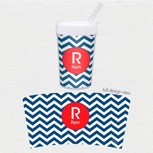 Spark & Spark Chevron Navy And Red Toddler Cup, a cup with navy and red chevron pattern and a straw, personalized with the letter R and the name Ryan.