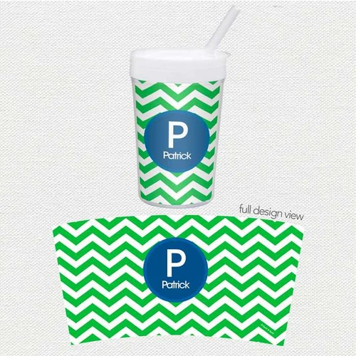 Spark & Spark Chevron Green And Blue Toddler Cup, personalized cup with chevron pattern and a straw.