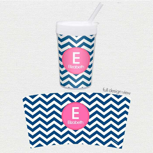 Spark & Spark Chevron Blue And Pink Toddler Cup, cup with blue and pink chevron pattern and a pink circle with a white letter 'E' and the name Elizabeth on it.