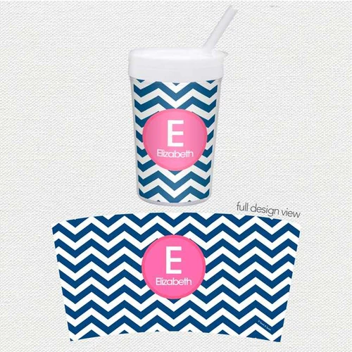 Spark & Spark Chevron Blue And Pink Toddler Cup, cup with blue and pink chevron pattern and a pink circle with a white letter 'E' and the name Elizabeth on it.