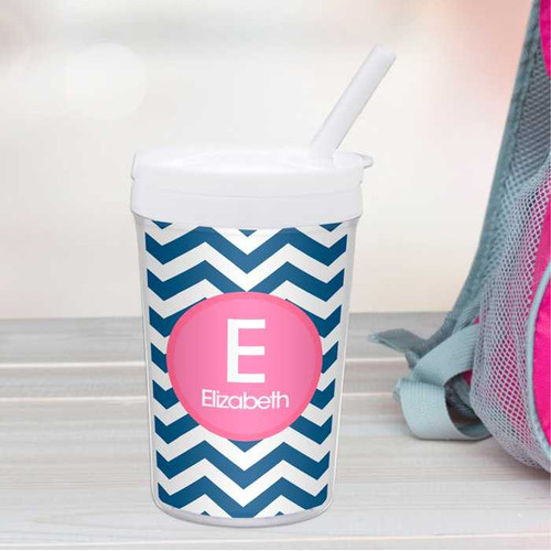 Spark & Spark Chevron Blue And Pink Toddler Cup with straw and personalized 'E Elizabeth' monogram, featuring a blue and pink chevron pattern.