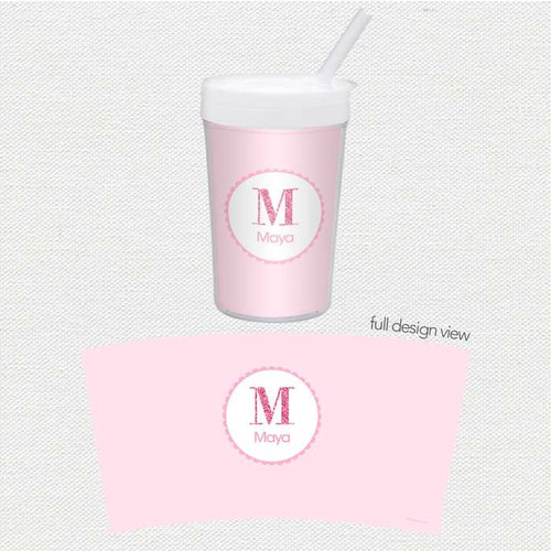 Spark & Spark A Shiny Pink Letter Toddler Cup, personalized pink toddler cup with a white lid, straw, and custom letter and name design.